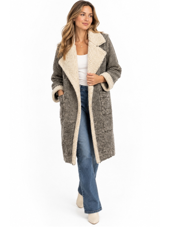 Zara Sweaters - Zara Knit Faux Sherpa Collar Longline Cardigan Duster Coat Gray Beige Small 808